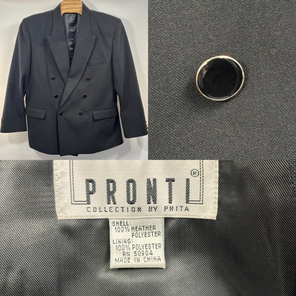 Pronti Mens 48L Black Double Breasted Blazer Peak Lapel 6 Button Twill Jacket